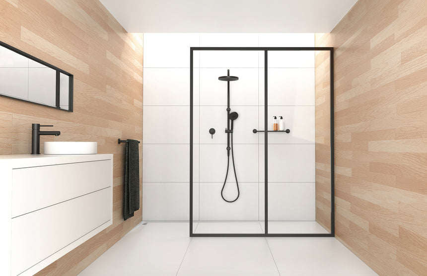 Phoenix Vivid Twin Shower Matte Black, shown in a finished interior