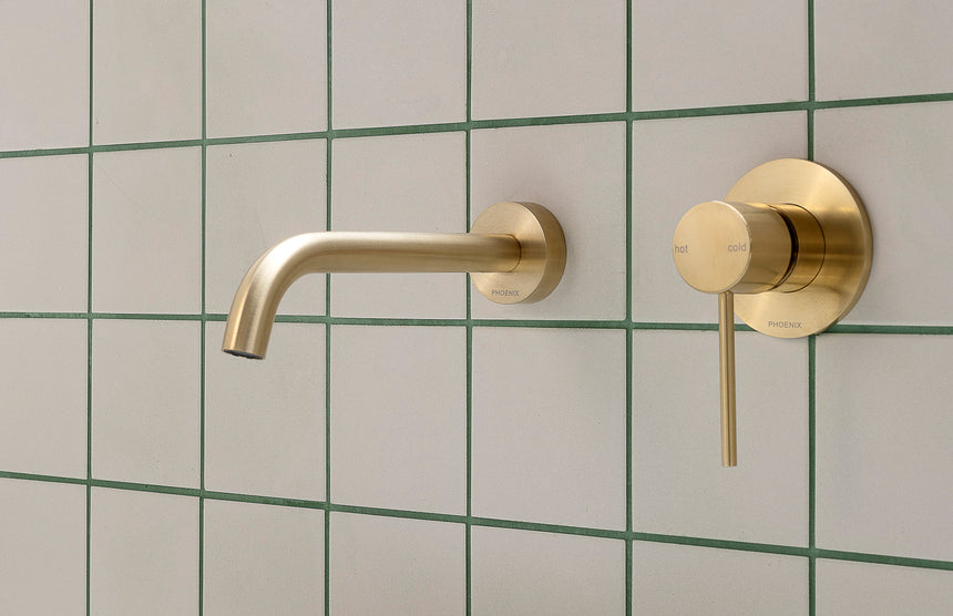 Phoenix Vivid Slimline SwitchMix Shower / Wall Mixer Fit-Off Kit Brushed Gold, shown in a finished interior