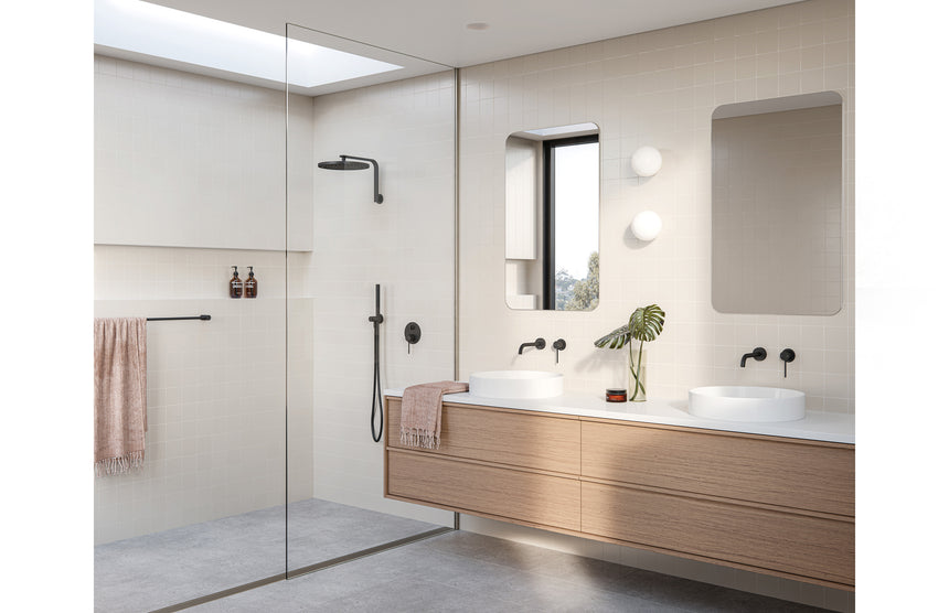 Phoenix Vivid Slimline SwitchMix Shower / Bath Diverter Mixer Fit-Off Kit Matte Black, shown in a finished interior