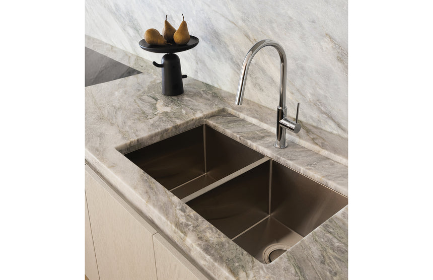 Phoenix 4000 Series Double Bowl Under / Over Sink Stainless Steel, shown in a finished interior