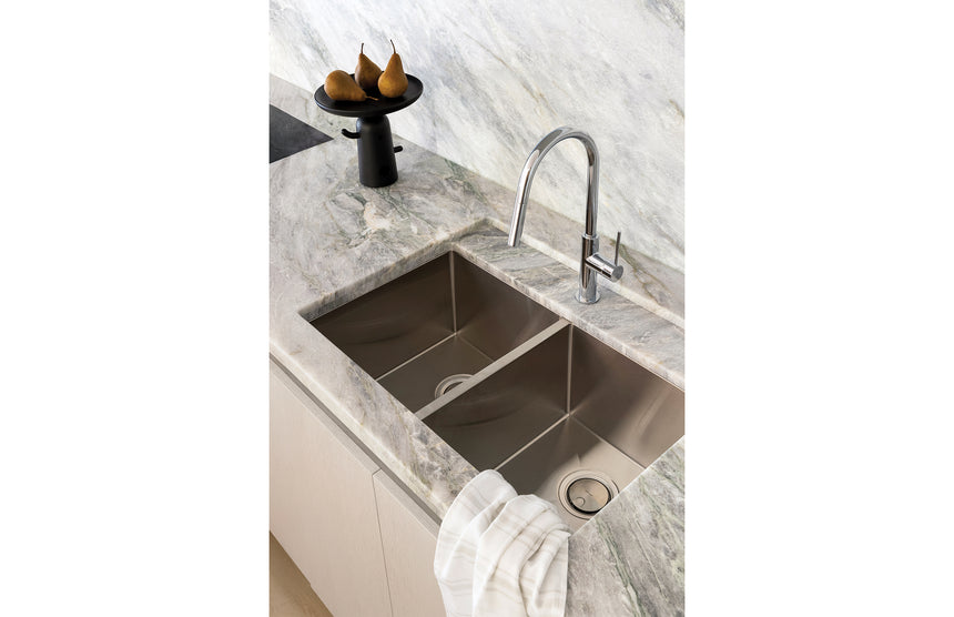 Phoenix 4000 Series Double Bowl Under / Over Sink Stainless Steel, shown in a finished interior