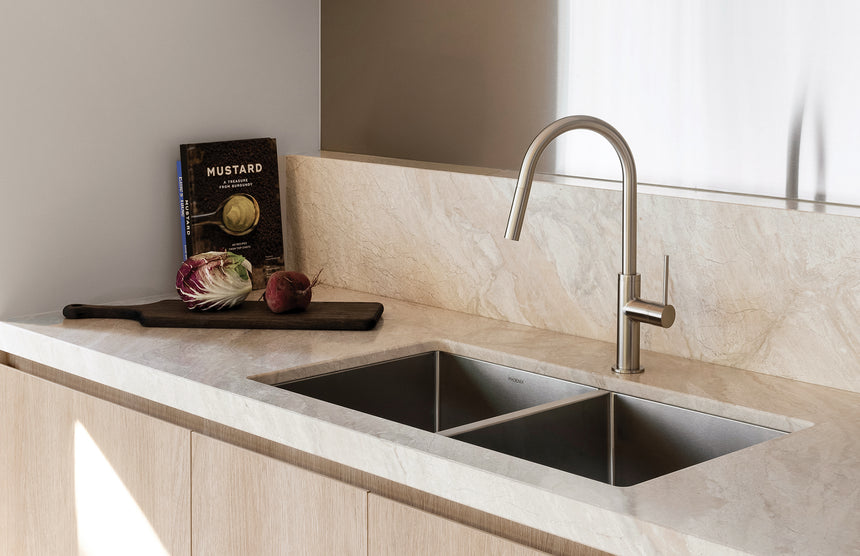 Phoenix 4000 Series Double Bowl Under / Over Sink Stainless Steel, shown in a finished interior