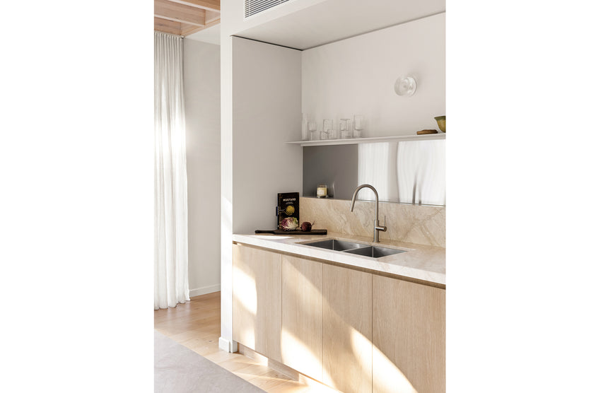 Phoenix 4000 Series Double Bowl Under / Over Sink Stainless Steel, shown in a finished interior