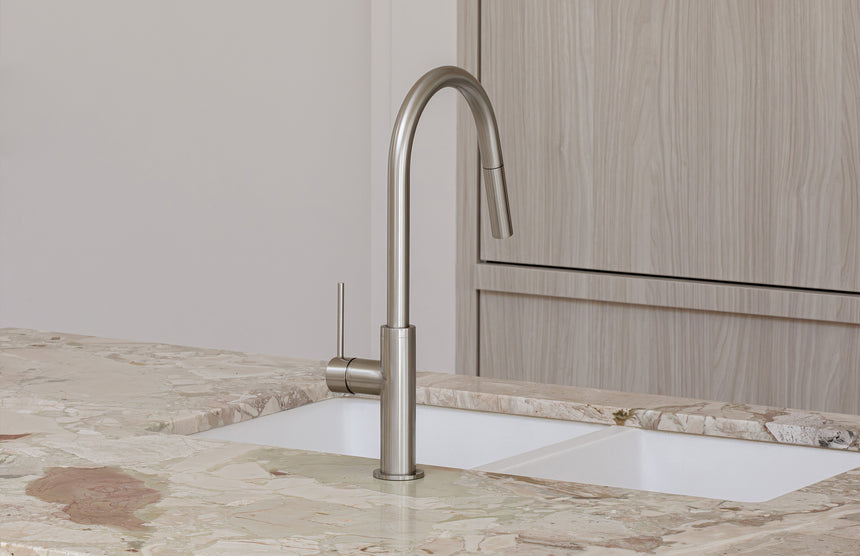Phoenix 5000 Series Double Bowl Under / Over Sink Matte White, shown in a finished interior
