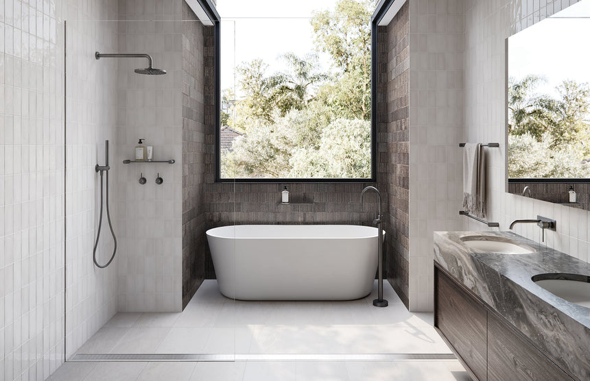 Phoenix Vivid Slimline Microphone Hand Shower Brushed Carbon, shown in a finished interior