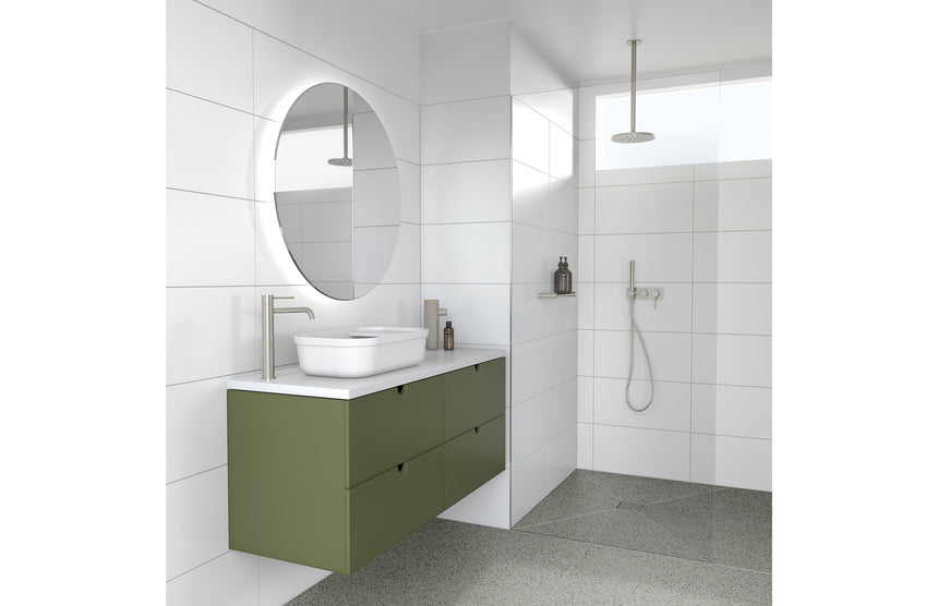 Phoenix Vivid Slimline Wall Shower System Brushed Nickel, shown in a finished interior