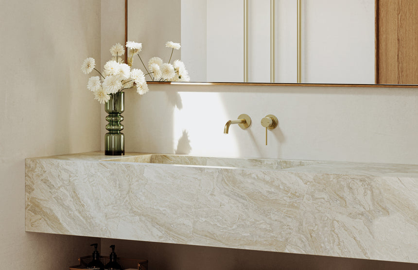 Phoenix Vivid Slimline SwitchMix Wall Basin/Bath Mixer Set 60mm Backplates Brushed Gold lifestyle