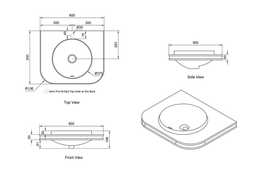 Otti Havana English Edge 600x500x50  Matte White with Round Basin Top — view 4