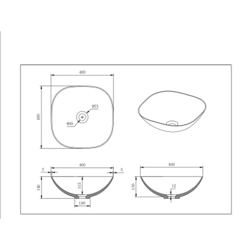 Lukka Perry 400x400x140mm matte white solid surface above counter basin by Tilemall dimension diagram