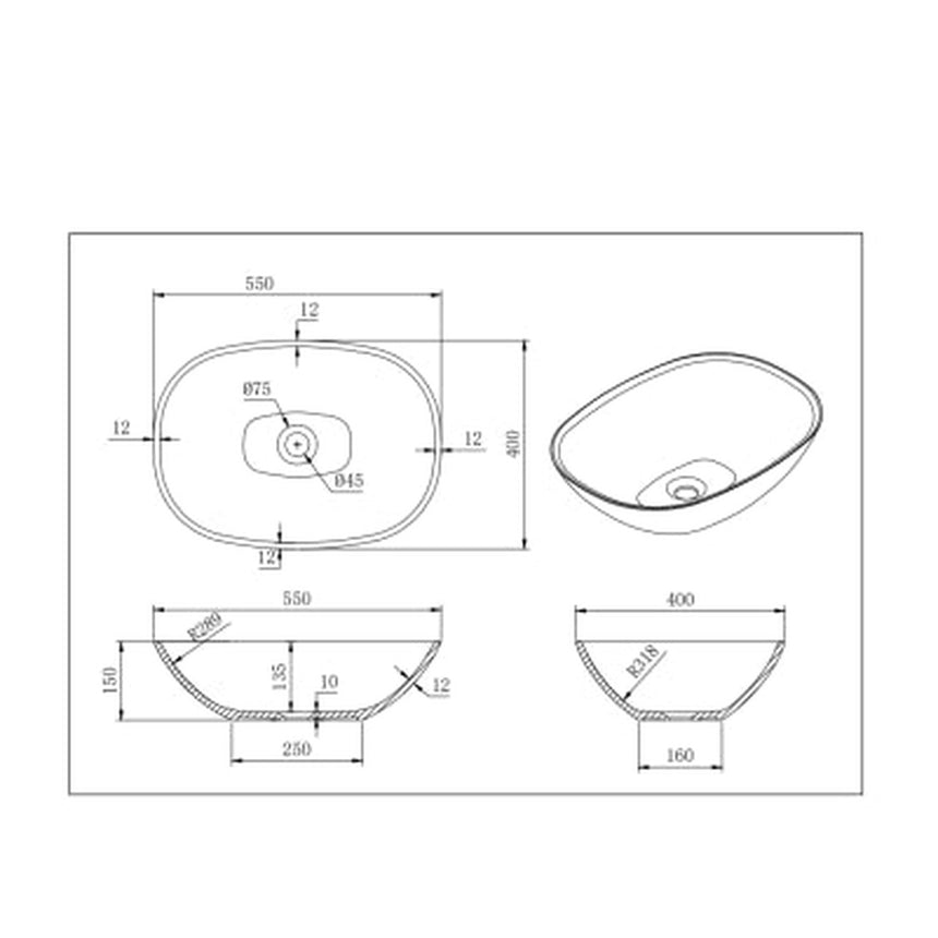 Lukka Perry 550x400x150mm matte white solid surface above counter basin by Tilemall dimension diagram