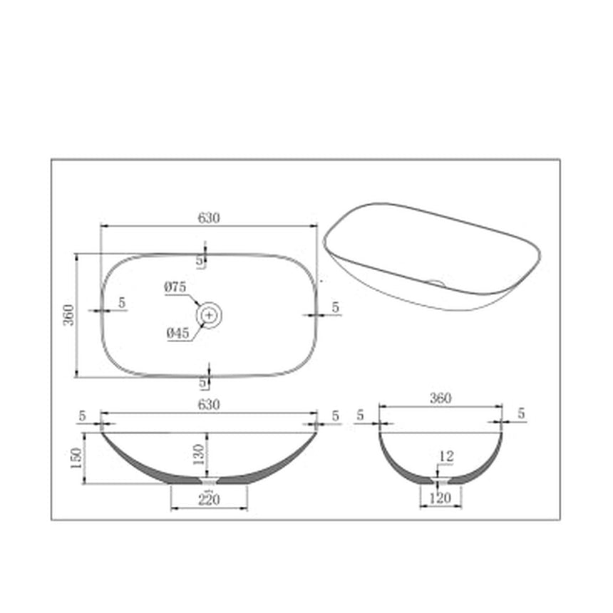Lukka Perry 630x360x150mm matte white solid surface above counter basin by Tilemall dimension diagram