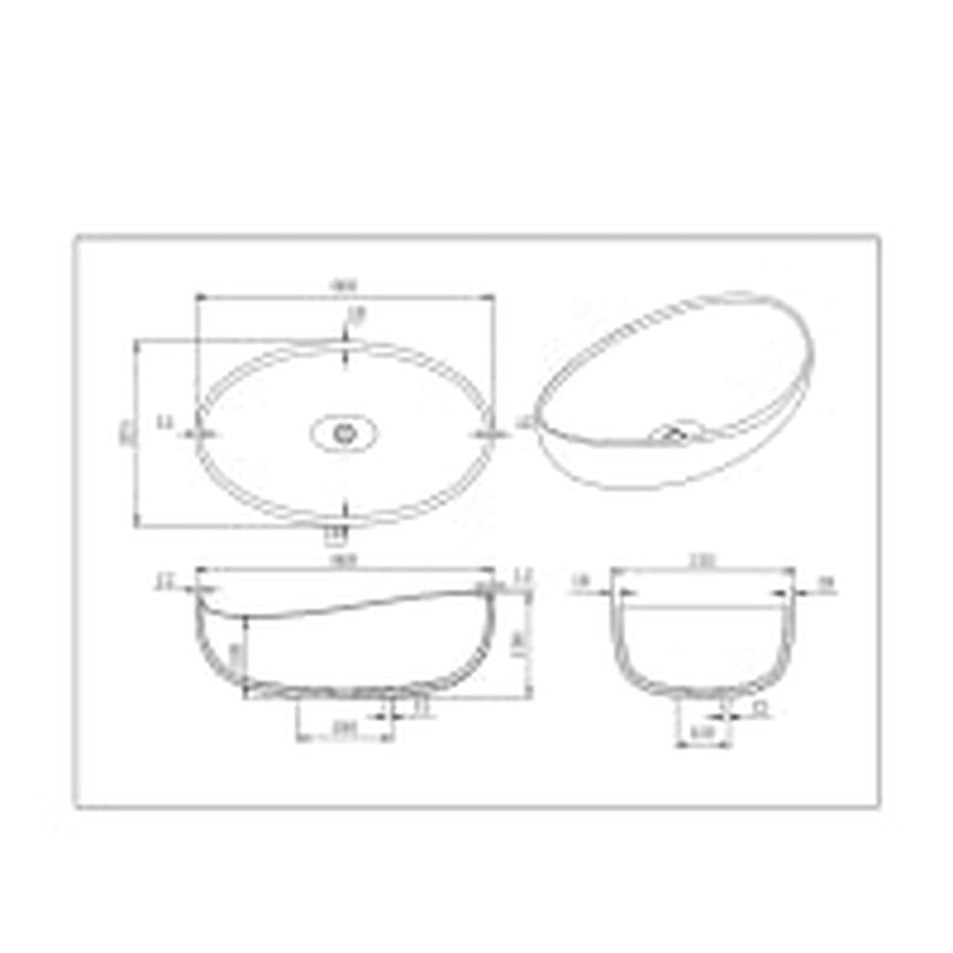Lukka Waverton 600x370x190mm gloss white solid surface above counter basin by Tilemall dimension diagram
