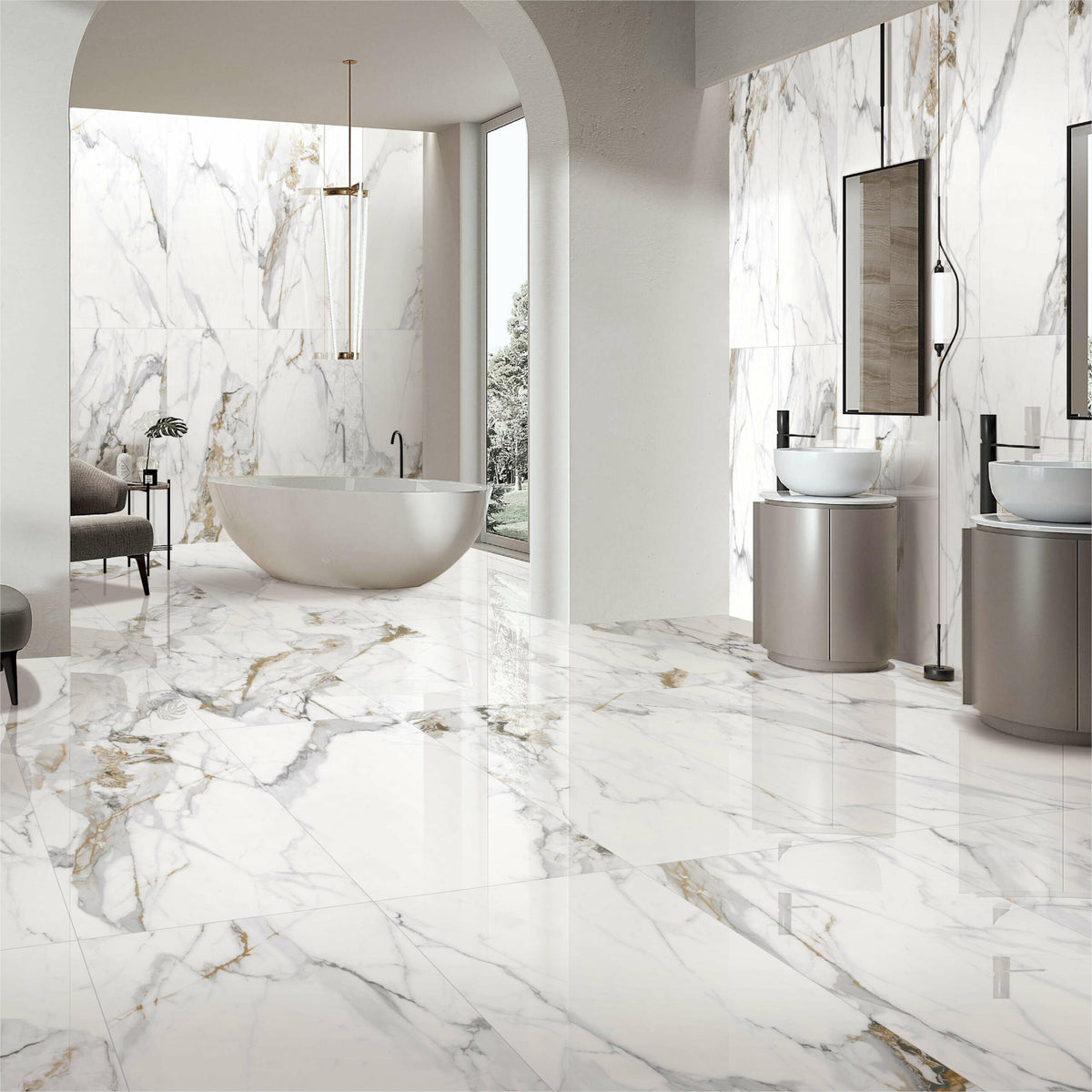 1200x600mm Calacutta Oro white marble-look porcelain tiles installed as bathroom floor and feature wall with grey and gold veining by Tilemall