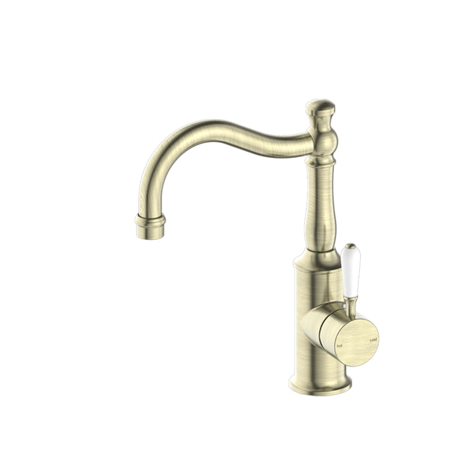 Nero York Basin Mixer Hook Spout With White Porcelain Lever Aged Brass Tapware Nero   
