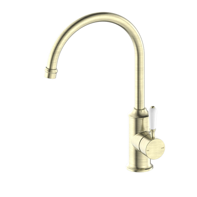 Nero York Kitchen Mixer Goosneck Spout With White Porcelain Lever Aged Brass Tapware Nero   