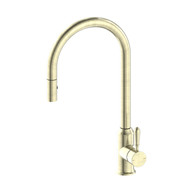 Nero York Pull Out Sink Mixer With Vegie Spray Function With Metal Lever Aged Brass Tapware Nero   