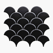 Porcelain Mosaic 75mm matt black fish scale tiles in stacked arrangement by Tilemall